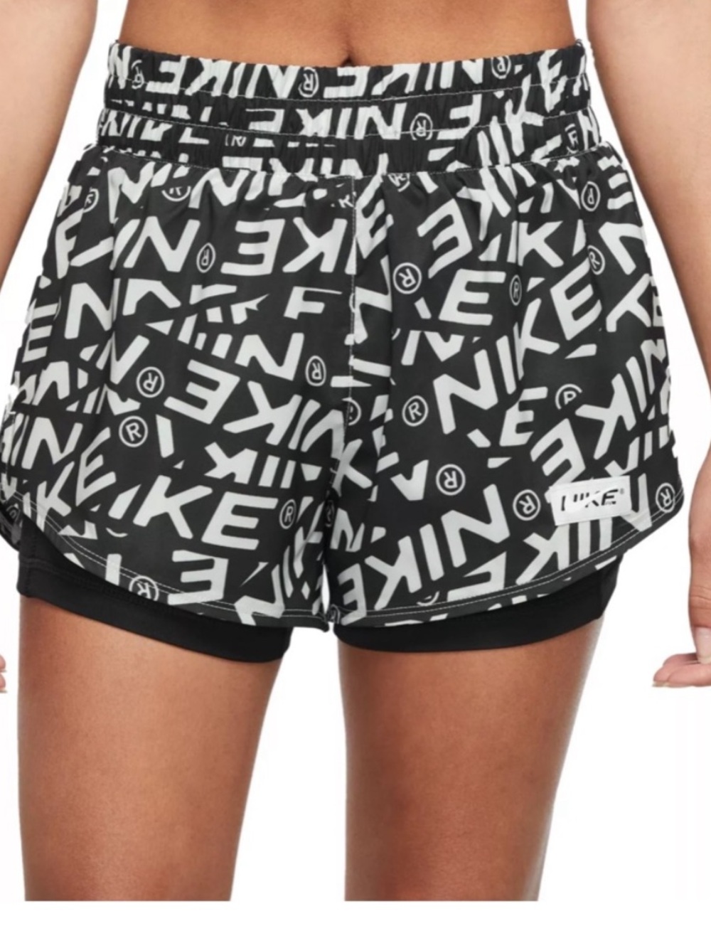 Nike 2 n 1 high waisted Black and White Logo-Print Women's Athletic Shorts